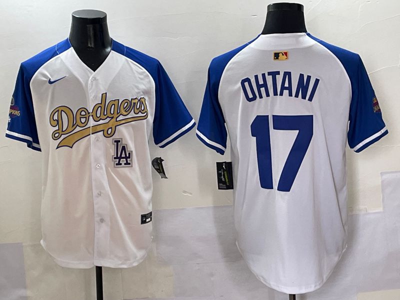 Men Los Angeles Dodgers #17 Ohtani White Blue Champion gold character Nike 2025 MLB Jersey style 50519->los angeles dodgers->MLB Jersey